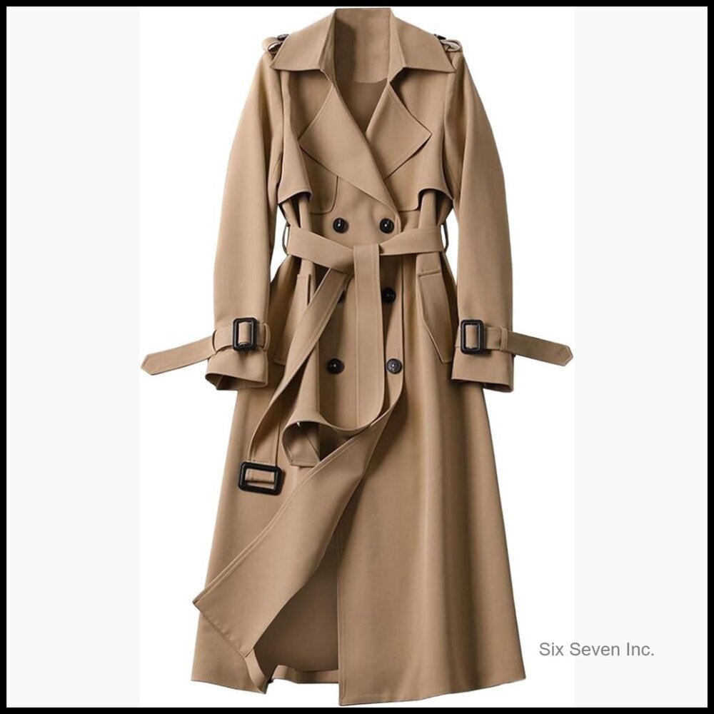 Double Breasted Long Trench Coat Belted Notch Lapel Overcoat Windproof - Picture 1 of 5
